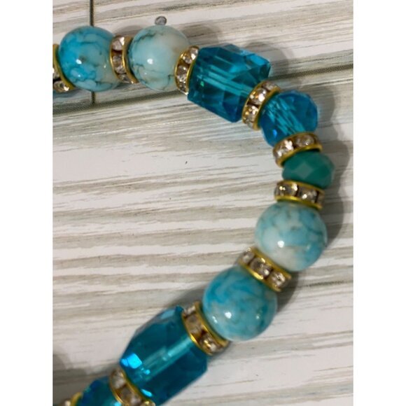 Turquoise & Gold Beaded Stretch Bracelet Fashion Chunky Bling Costume Jewelry - Picture 3 of 3